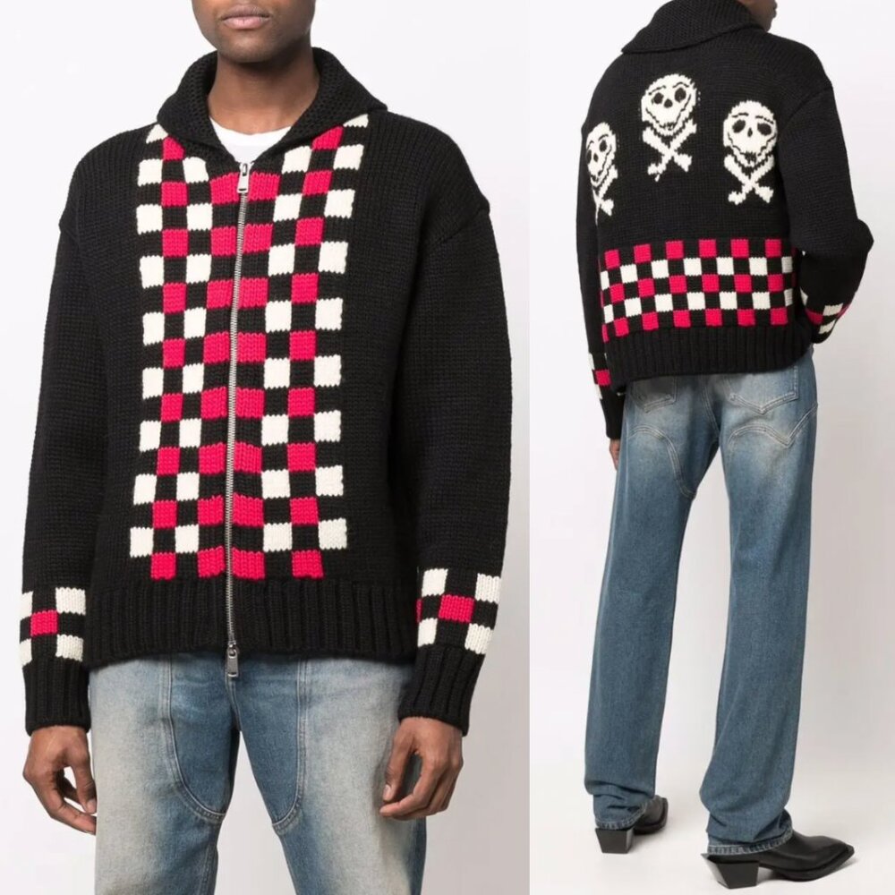 $560 NWT Andersson Bell Black Argyle Skull Full Zip Sweater unisex size Medium